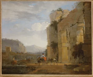 Italiaans landschap met ruïnes van een aquaduct (schilderij op doek)