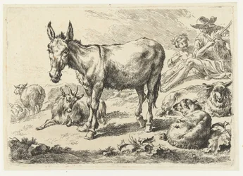 Landschap met ezel, schapen, geit en herders