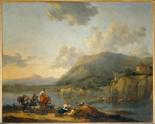 Muilezeldrijver bij een doorwaadbare plaats - Een vrouwelijke muilezeldrijver passeert een doorwaadbare plaats ...