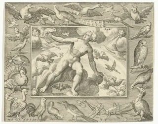 Element lucht als jonge man op wolken tussen vliegende vogels