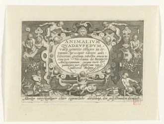 Titelprent met titel in cartouche met daaromheen apen aan het werk als goudsmid