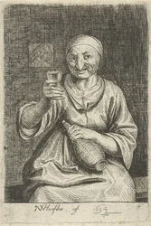 Oude vrouw met glas en kruik