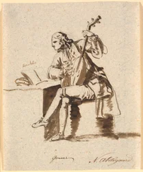 De Engelse dichter Gower zittend met een luit aan een tafel waarop Herodotus open ligt