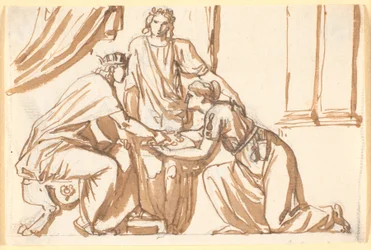 Een koning ontvangt een krans van een knielende vrouw