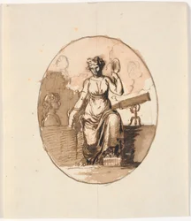 Een zittende vrouwenfiguur, allegorie op wijsheid of wetenschap