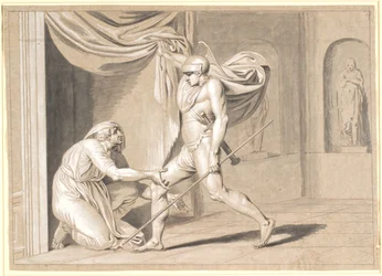 Een soldaat vindt Claudius, die bang is om keizer te worden, verstopt achter een gordijn