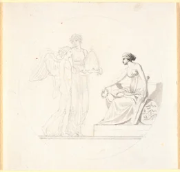 Een jonge vrouw met een bijenkorf leidt een gevleugelde jonge man naar een zittende vrouwenfiguur