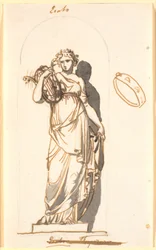 Erato, muze van de liefdespoëzie, als standbeeld in een nis