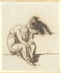 Op de voorgrond een zittende gebogen vrouwenfiguur, achter een borstwering leunt een andere naar haar toe