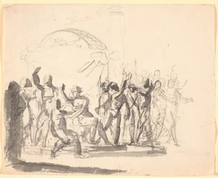Compositie met zittende koning omringd door naakte figuren