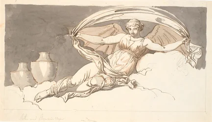 De nacht, een rustende vrouw met vleermuisvleugels