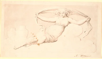 De nacht, een rustende vrouwenfiguur. Uitgevoerd als grisaille. Zelfde compositie als Td 542,38 maar zonder vleugels en met los haar