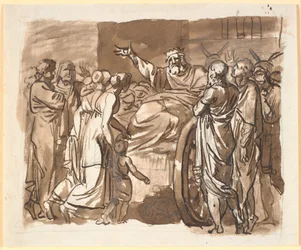 Peisistratos klaagt bij de Atheners over de aanval waarvan hij zegt het slachtoffer te zijn geweest. Hij zit op een door ezels getrokken kar, omringd door talrijke mensen