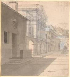 Perspectivische studie van de architectuur in het beeld van de vroedvrouw die het huis van Androspigen verlaat