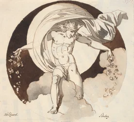 Zondag. Een gekroonde naakte god, strooit bloemen met beide handen