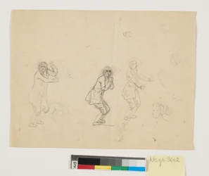 Studies van hoofden en figuren, waaronder een mannenfiguur drie keer weergegeven