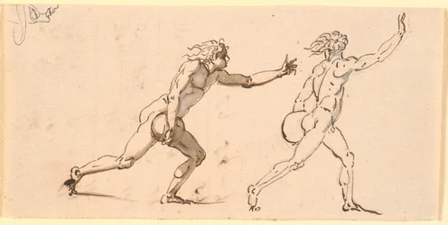 Twee naakte mannen, rennend naar rechts, elk met een grote steen in één hand, en een schets van een gezicht in profiel