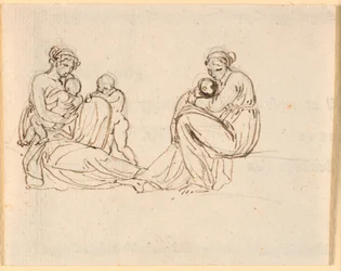 Twee schetsen van een moeder met kleine kinderen in haar armen