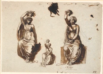 Drie studies voor een allegorische zittende vrouwenfiguur met een opgetild Medusahoofd in de rechterhand