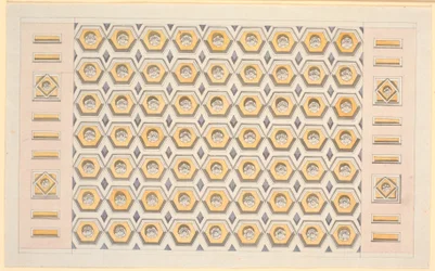 Ontwerp voor plafond met zeshoekige kassettes en rozetten in geel en violet
