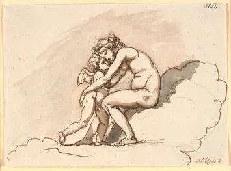 Venus, zittend in de wolken, omhelst Amor