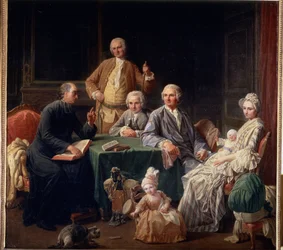 Portret van de familie Leroy. Familiescène met een priester, de moeder en de kinderen. Schilderij van Nicolas Bernard (1735-1784)