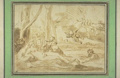 Jupiter en Antiope (pen en bruine inkt, bruin gewassen, sporen van zwarte steen)