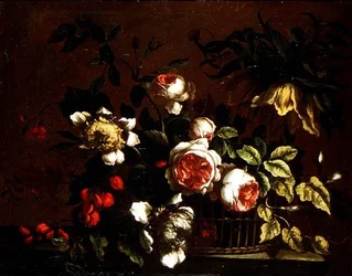 Rozen, pioenen en andere bloemen op een rand