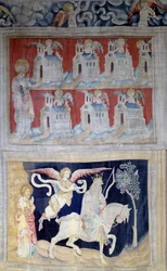 Wandtapijt van de Openbaring (1373-1383), nr. 28: Sint Jan op Patmos en de zeven kerken van Azië en hieronder Eerste zegel: De overwinnaar met het witte paard