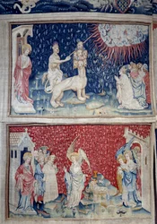 Wandtapijt van de Openbaring (1373-1383), nr. 44: het Beest van de aarde laat vuur uit de hemel vallen