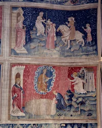 Wandtapijt van de Openbaring (1373-1383), nr. 46: het Beest brengt zijn nummer aan iedereen: 666. Hieronder, nr. 53, de oogst van de uitverkorenen. Wandtapijt door Nicolas Bataille (1330-1405)