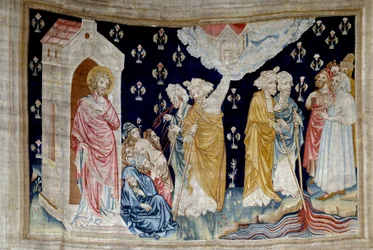 Wandtapijt van de Openbaring (1373-1383), nr. 28: het wonder. Getrouwe dienaren van God en profeten kijken naar de rivier die in bloed is veranderd. Wandtapijt door Nicolas Bataille (1330-1405)