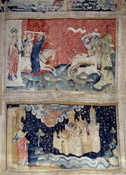 Hanging of the Revelation (1373-1383), nr. 69: het woord van God laadt de Beesten. Nr. 73: de Heilige Stad of het Nieuwe Jeruzalem. Wandtapijt door Nicolas Bataille (1330-1405)