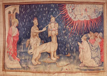 Het Beest van de Aarde laat vuur uit de hemel vallen, uit de Apocalyps Tapestry van Angers