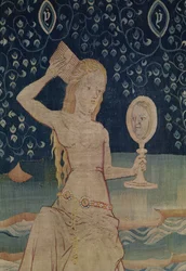 De hoer van Babylon, nummer 64 uit De Apocalyps van Angers, 1373-1387, wandtapijtdetail van 181983