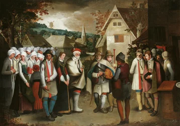 Een huwelijksprocessie door een stad
