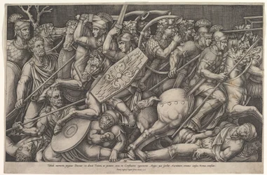 Romeinse soldaten vechten tegen Daciërs, gevechtsscène in ondiepe diepte met paarden, 1553