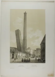 Bologna: De torens van Asinelli en Garisenda, plaat 40 uit Italie Monumentale et Pittoresque