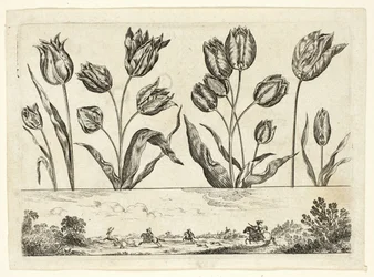 Bloemen en Jachtscène, uit Livre Nouveau de Fleurs...