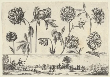 Horizontaal paneel met een rij bloemen boven een fries met figuren in een landschap, 1645