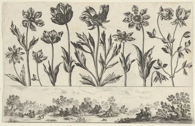Horizontaal paneel met een rij bloemen boven een fries met figuren in een landschap, 1645