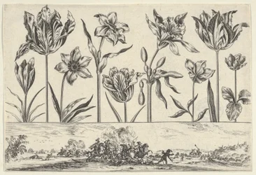 Horizontaal paneel met een rij bloemen boven een fries met een gevechtsscène in een landschap