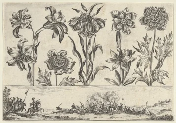 Horizontaal paneel met een rij bloemen boven een fries met een gevechtsscène in een landschap, 1645