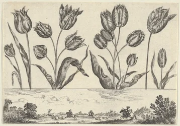 Horizontaal paneel met een rij bloemen boven een fries met een jachtscène in een landschap, 1645