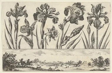 Horizontaal Paneel met een Rij Bloemen Boven een Fries met een Jachtscène in een Landschap
