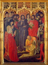 De opstanding van Lazarus drieluik, centraal paneel van Lazarus die uit zijn kist opstaat, 1461