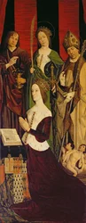 Drieluik van Mozes en de Brandende Braamstruik, rechterpaneel met Jeanne de Laval (overleden 1498) met St. Johannes, St. Catharina en St. Nicolaas, c.1476