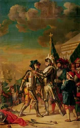 Hendrik II (1519-59) overhandigt de keten van de Orde van Sint-Michiel aan Gaspard de Saulx (1509-73), graaf van Tavannes, na de Slag bij Renty, 13 augustus 1554, 1789