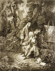 Heren de Jullienne en Watteau in een park naar schilderij van Watteau