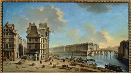 Het Ile Saint-Louis en de Pont Rouge gezien vanaf de Place de Greve, Parijs (schilderij op doek)